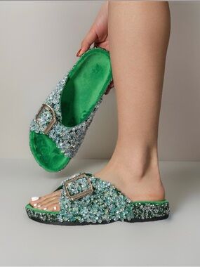 Embellished Green Slide Sandals with Buckle Sz 11